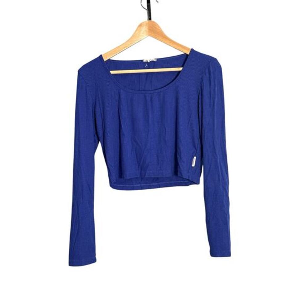 Wesley by Bandier Dazzling Blue Ribbed Long‎ Sleeve Crop Top Size Small